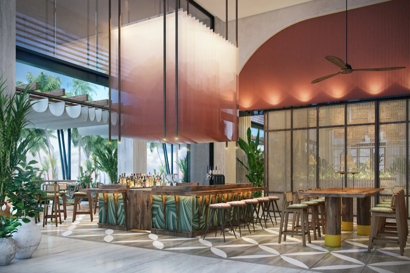 The bar, in rattan and warm timber