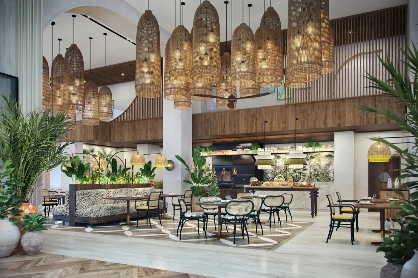 The all-day dining room, open to the palms and the sea beyond
